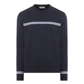 Herno Contrast Stripe Sweater in dark blue, crew neck, contrast grey stripe across chest, ribbed cuffs and hem, 100% virgin wool knit