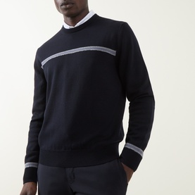 Model wearing Herno Contrast Stripe Sweater in dark blue, crew neck with grey contrast stripe across chest, ribbed cuffs, styled with white shirt