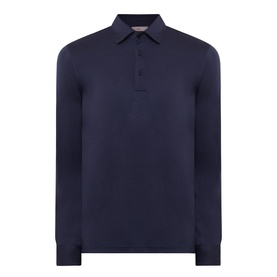 Herno Jersey Long-Sleeved Polo Shirt in navy blue, 100% wool, polo collar, three-button placket, long sleeves, straight hem