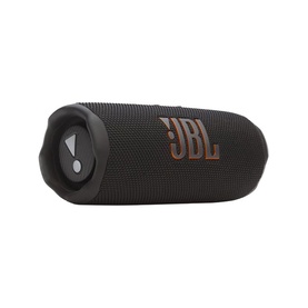 JBL Flip 7 Portable Bluetooth Speaker in black, cylindrical design with fabric grille and bronze JBL logo detail