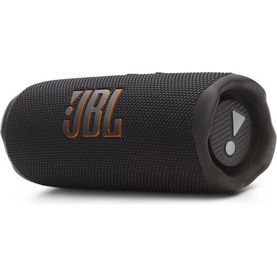 JBL Flip 7 Portable Bluetooth Speaker in black, cylindrical design with fabric grille, bronze JBL logo and power button visible