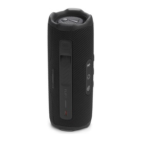JBL Flip 7 Portable Bluetooth Speaker in black, cylindrical design with fabric grille, control buttons, and carabiner clip on side
