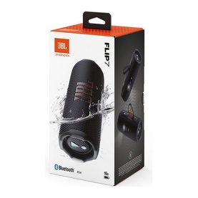 JBL Flip 7 Portable Bluetooth Speaker in black, shown beside its retail packaging with multiple angle views on the box.