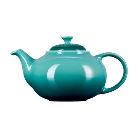 Le Creuset Stoneware Classic Teapot With Infuser 1.3L in Teal, glossy finish with large handle and locking lid