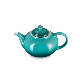 Le Creuset Stoneware Classic Teapot With Infuser 1.3L in teal, featuring large handle, domed lid with knob, and smooth glazed finish