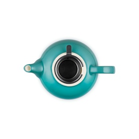 Le Creuset Stoneware Classic Teapot With Infuser 1.3L in Teal, overhead view showing black mesh infuser basket inside the lid opening