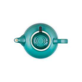 Le Creuset Stoneware Classic Teapot With Infuser 1.3L in Teal, overhead view showing removable infuser basket and cream interior base