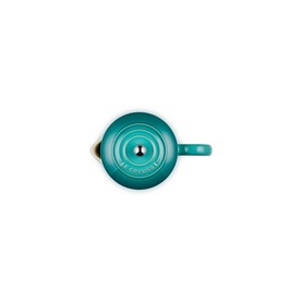 Le Creuset Stoneware Classic Teapot With Infuser 1.3L in Teal, overhead view showing locking lid with stainless steel knob