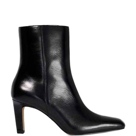 Dune Ovation Chisel Toe Heeled Boots in black leather with a stiletto heel, square chisel toe, and inside zip fastening
