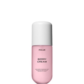 PHLUR Berry Cream Hair and Body Mist in pink spray bottle, 90ml fragrance mist for hair and body