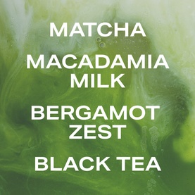 PHLUR Matcha Milk Hair and Body Mist 90ml ingredient graphic highlighting matcha, macadamia milk, bergamot zest and black tea
