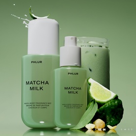 PHLUR Matcha Milk Hair and Body Mist 90ml in green bottles, styled with matcha latte, lime and green leaves