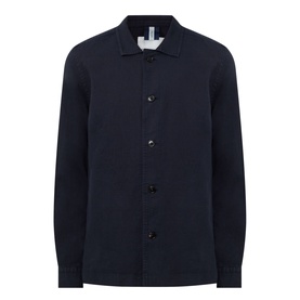 Profuomo Garment-Dyed Overshirt in navy linen-cotton blend with pointed collar, button fastenings, long sleeves, and straight hem