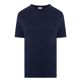 Profuomo Solid Knitted T-Shirt in navy, round neck, short sleeves, straight hem, linen-cotton knit fabric