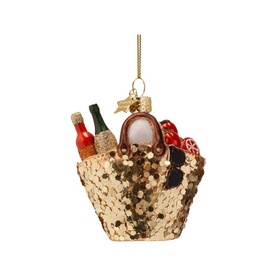 Vondels Beach Bag Glass Tree Decoration 9cm in gold sequin design with miniature bottles and accessories, hanging loop