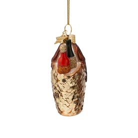 Vondels Beach Bag Glass Tree Decoration 9cm in gold with sequin texture, miniature bottle and towel detail, gold hanging loop.