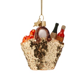 Vondels Beach Bag Glass Tree Decoration 9cm in gold sequin design with miniature bottle, bag and fruit detailing, gold hanging loop