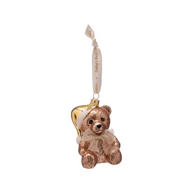 Pink and gold glass teddy bear Christmas tree ornament with ribbon hanger, seated bear design with shimmering finish