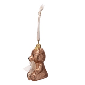 Rose gold glass teddy bear Christmas tree ornament with white bow detail and cream hanging ribbon, side profile view