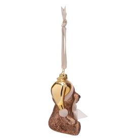 Brown and gold bear Christmas tree ornament with ribbon hanger, featuring a shiny gold head and textured body detail