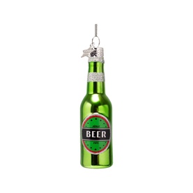 Green glass beer bottle Christmas tree ornament with silver glitter cap and hanging loop, black and red label detail