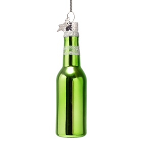 Green glass beer bottle Christmas tree hanging ornament with silver cap detail and hanging wire