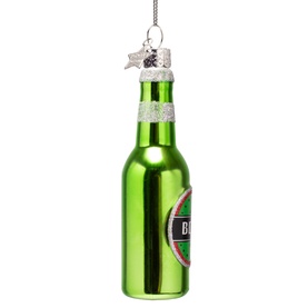 Green metallic glass beer bottle Christmas tree ornament with glitter neck detail and hanging silver hook