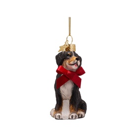 Vondels black Bernese Mountain Dog Christmas tree decoration with red bow and gold hanging loop