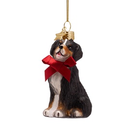Vondels black Bernese Mountain Dog glass Christmas tree ornament with red bow and gold hanging loop