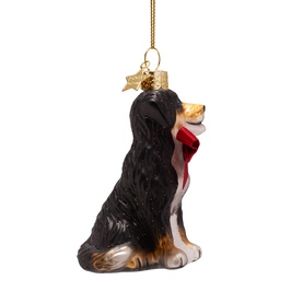 Vondels black glass Bernese Mountain Dog Christmas tree ornament with red scarf and gold star hanger