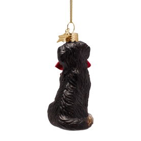 Vondels black glass dog Christmas tree decoration with red bow, gold star cap and hanging ribbon