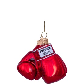 Vondels red glass boxing gloves Christmas tree decoration with gold star hanger and "Knock Out!" label detail