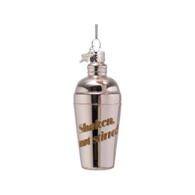 Vondels silver cocktail shaker tree decoration with gold "Shaken, not Stirred" text, hanging ornament with silver cap