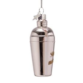 Vondels silver cocktail shaker tree decoration with gold lettering detail and hanging loop