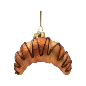 Golden glass croissant Christmas tree ornament with dark chocolate drizzle detail and gold hanging cord