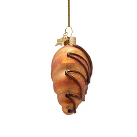 Gold and brown glass croissant Christmas tree ornament with chocolate drizzle detail and gold ribbon hanger.