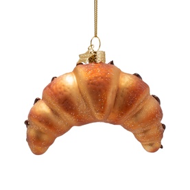 Glass croissant Christmas tree ornament with gold glitter hanger, realistic golden-brown detailing and glittery finish