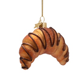 Glass croissant Christmas tree ornament with chocolate drizzle detail and gold hanging ribbon, golden-brown finish
