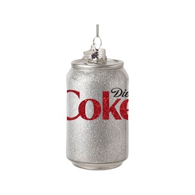 Vondels Diet Coke can tree decoration in white glittery glass with red logo, hanging ornament with silver top
