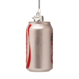 Vondels white glass cola can tree decoration with red detail, silver hanging loop, matte finish Christmas ornament