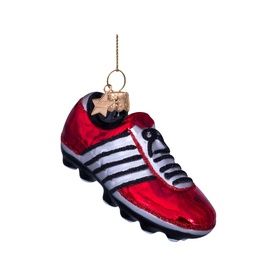 Vondels red trainer shoe glass Christmas tree ornament with black laces, white stripes, and gold hanging thread