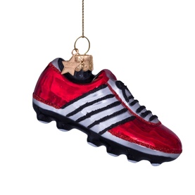 Vondels red glass football boot tree decoration with black stripe detailing and gold hanging cord
