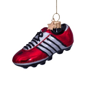 Vondels red glass football boot tree decoration with white stripes, black studs, and gold hanging loop
