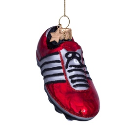 Vondels red glossy glass sneaker Christmas tree decoration with black laces, white stripe detail, and gold hanging loop