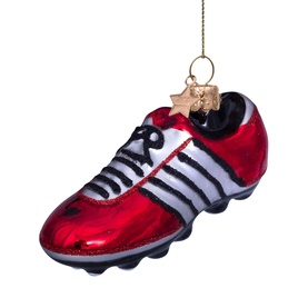 Vondels red glass football boot Christmas tree ornament with white stripes, black laces, and gold hanging cap