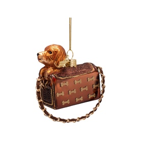 Vondels brown glass tree decoration, spaniel dog sitting in brown pet carrier bag with gold bone print and chain strap