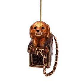 Vondels brown dog in handbag tree decoration ornament with gold chain detail and hanging cord