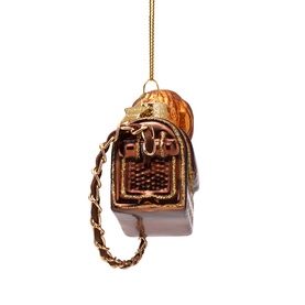 Vondels brown glass handbag Christmas tree ornament with gold chain strap and orange pumpkin detail, hanging on gold cord