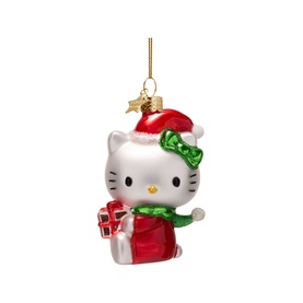 Vondels Hello Kitty Christmas tree decoration in multi, glass bauble with red Santa outfit, green bow, and gift, gold hanging cord