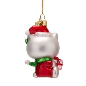 Vondels Hello Kitty glass Christmas tree ornament in multicolour, wearing red outfit and Santa hat, holding gift, back view